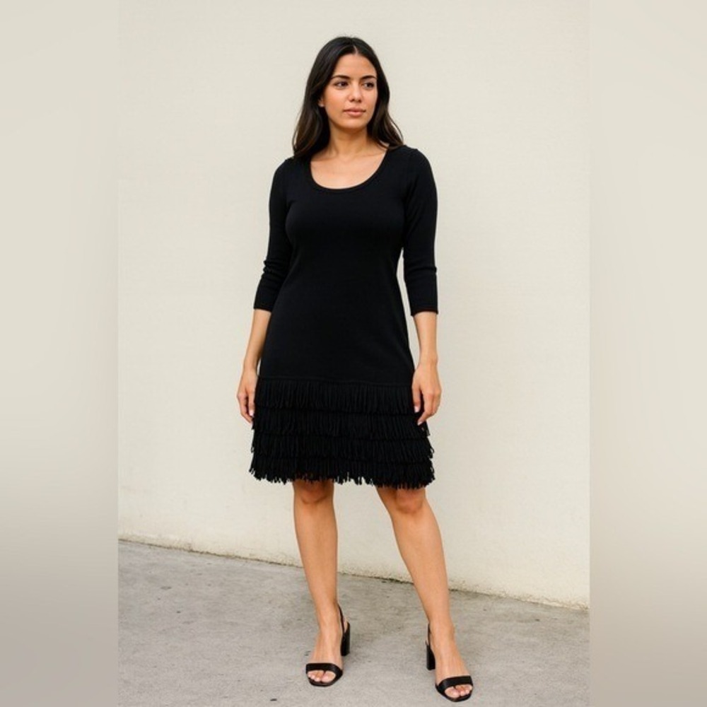 Soft Surroundings Black Wool Blend Tasseled Sweater Dress PM